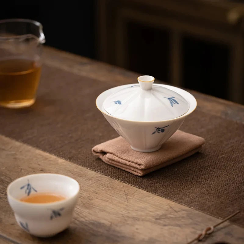 Hand-painted Phalaenopsis Underglaze Ceramic Kung Fu Tea Set Simple Household Large Literati Covered Bowl Bamboo Hat Gaiwan Bar