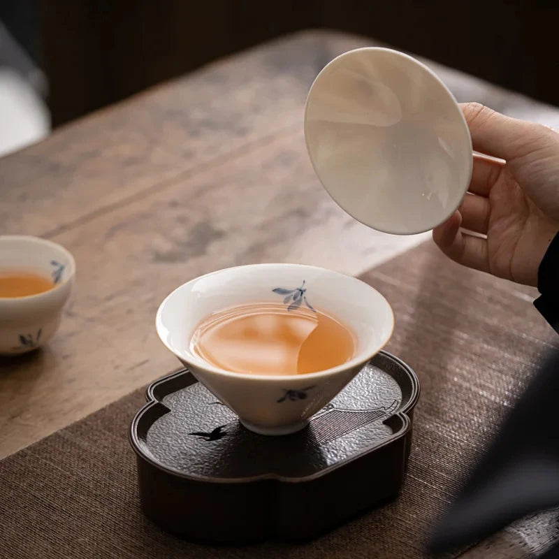 Hand-painted Phalaenopsis Underglaze Ceramic Kung Fu Tea Set Simple Household Large Literati Covered Bowl Bamboo Hat Gaiwan Bar