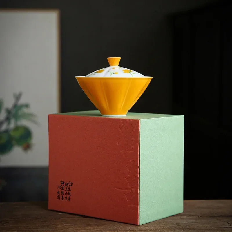 Hand-painted Small Yellow Flower Ercai Bowl Underglaze Colored Glaze Chinese Style Anti-scald Tea Bamboo Hat Ceramic Kung Fu Set