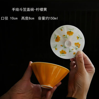 Hand-painted Small Yellow Flower Ercai Bowl Underglaze Colored Glaze Chinese Style Anti-scald Tea Bamboo Hat Ceramic Kung Fu Set
