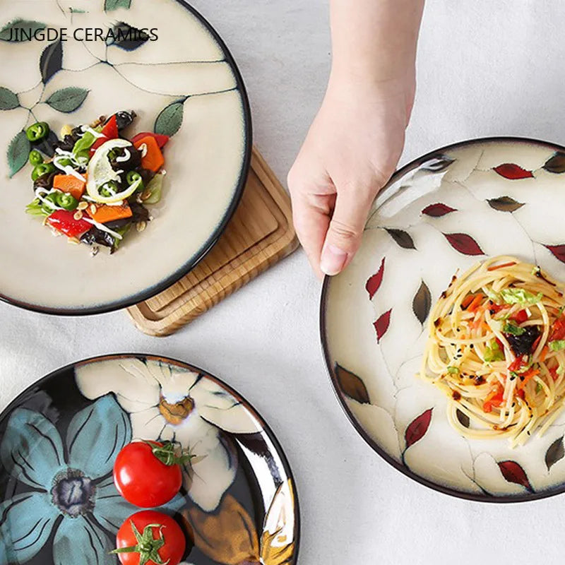 Hand-painted Underglaze Flower Leaf Ceramic Plate Western Steak Salad Dessert Cake Sushi Home Kitchen Storage Decorative Plate