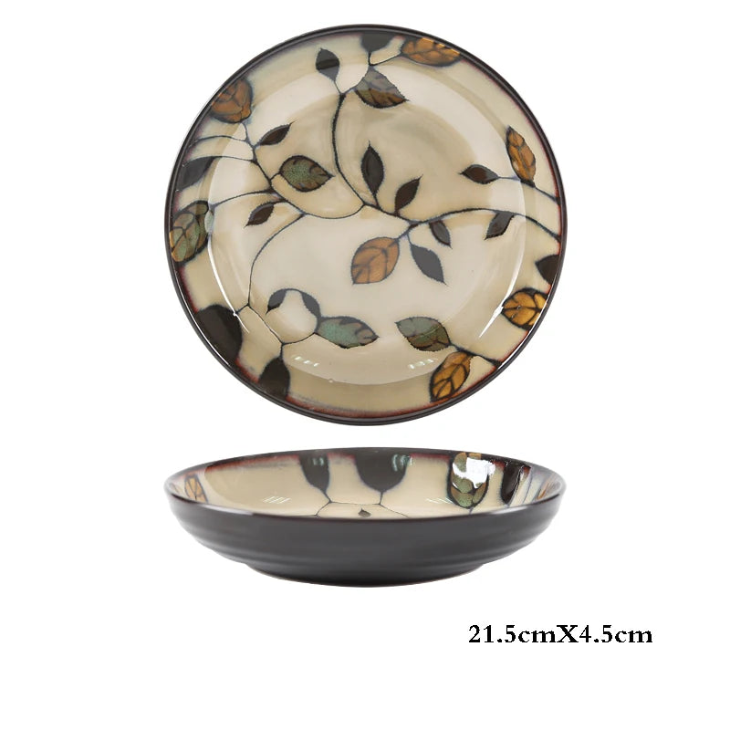 Hand-painted Underglaze Flower Leaf Ceramic Plate Western Steak Salad Dessert Cake Sushi Home Kitchen Storage Decorative Plate