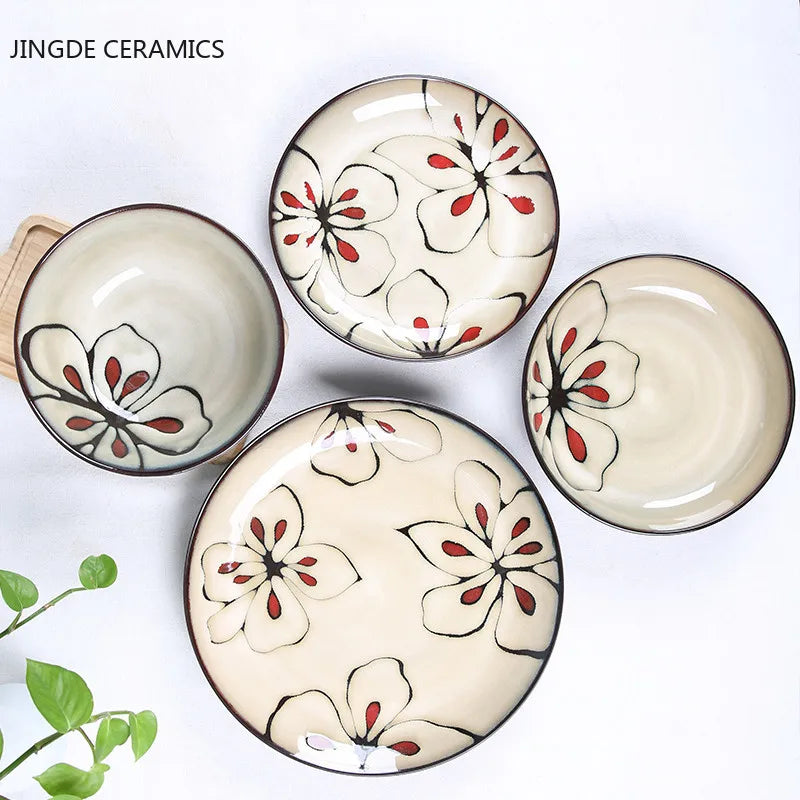Hand-painted Underglaze Flower Leaf Ceramic Plate Western Steak Salad Dessert Cake Sushi Home Kitchen Storage Decorative Plate