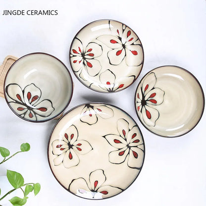 Hand-painted Underglaze Flower Leaf Ceramic Plate Western Steak Salad Dessert Cake Sushi Home Kitchen Storage Decorative Plate