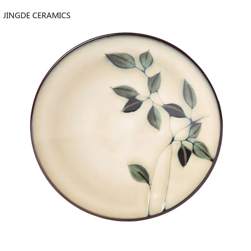 Hand-painted Underglaze Flower Leaf Ceramic Plate Western Steak Salad Dessert Cake Sushi Home Kitchen Storage Decorative Plate
