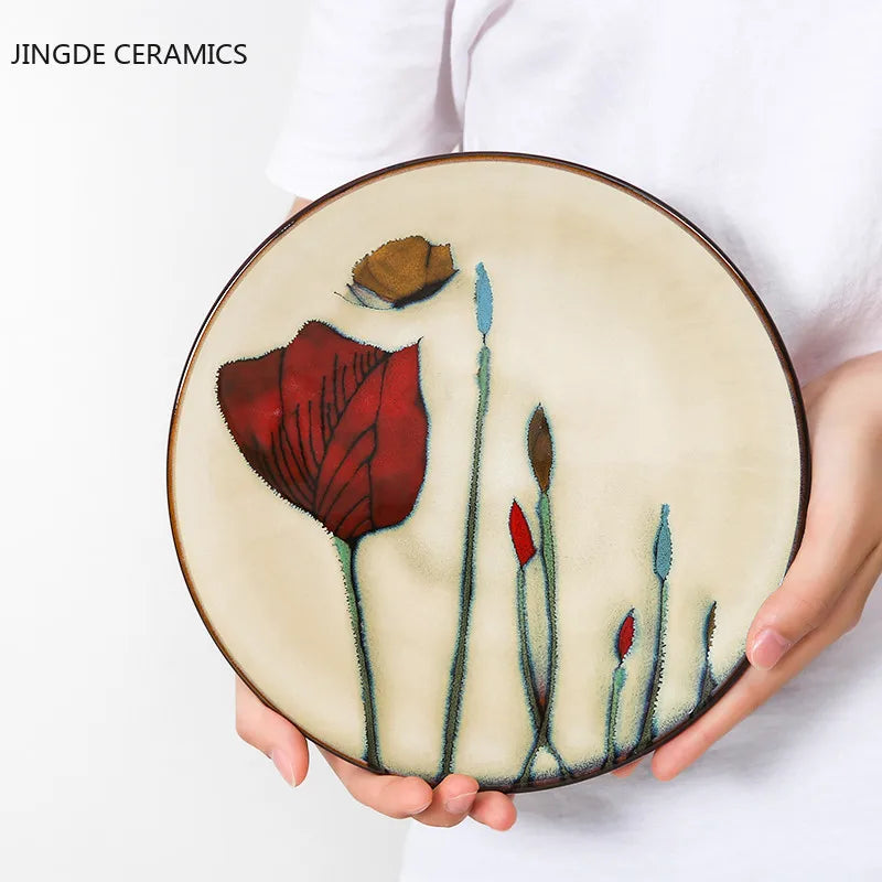 Hand-painted Underglaze Flower Leaf Ceramic Plate Western Steak Salad Dessert Cake Sushi Home Kitchen Storage Decorative Plate