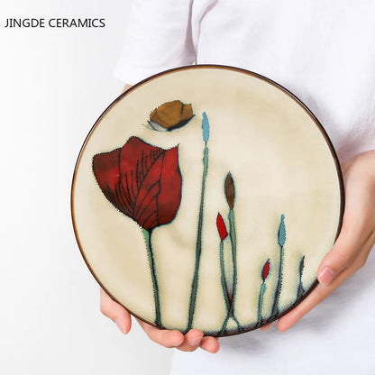 Hand-painted Underglaze Flower Leaf Ceramic Plate Western Steak Salad Dessert Cake Sushi Home Kitchen Storage Decorative Plate