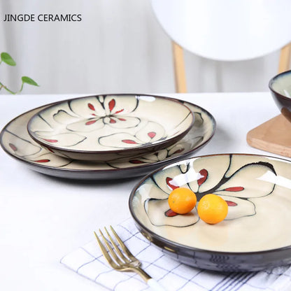 Hand-painted Underglaze Flower Leaf Ceramic Plate Western Steak Salad Dessert Cake Sushi Home Kitchen Storage Decorative Plate