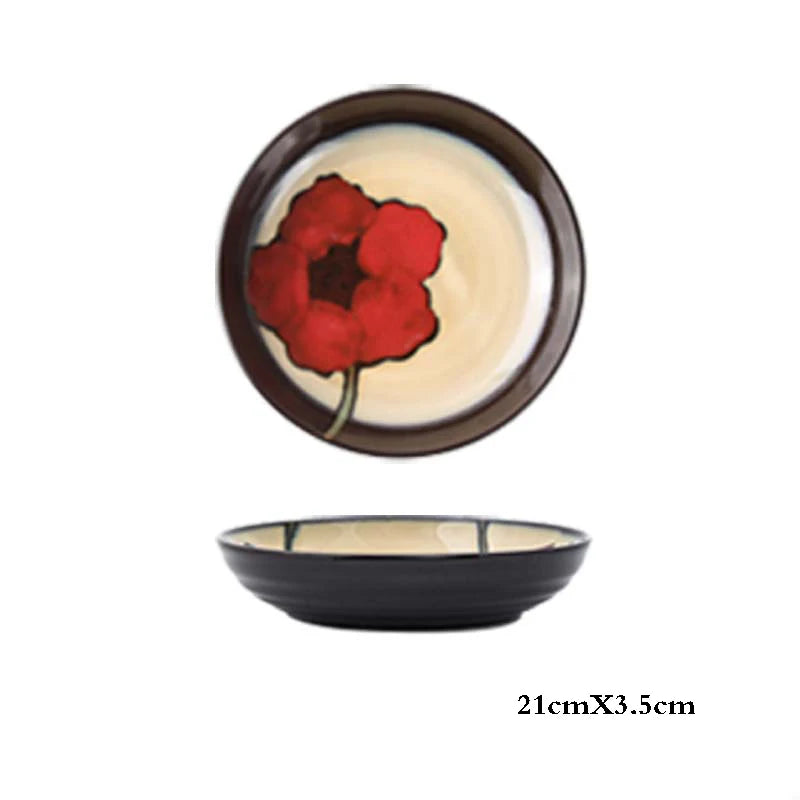 Hand-painted Underglaze Flower Leaf Ceramic Plate Western Steak Salad Dessert Cake Sushi Home Kitchen Storage Decorative Plate