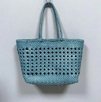 Hand woven basket bag100% Genuine Leather Hollowed Woven Shoulder Bag Woven Inside Bag Vintage Shopping Bag Cowhide Tote Bag