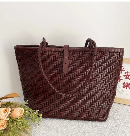 Hand-woven top layer cowhide women's French Braided cowhide hollowed-out vegetable  shopping basket bag