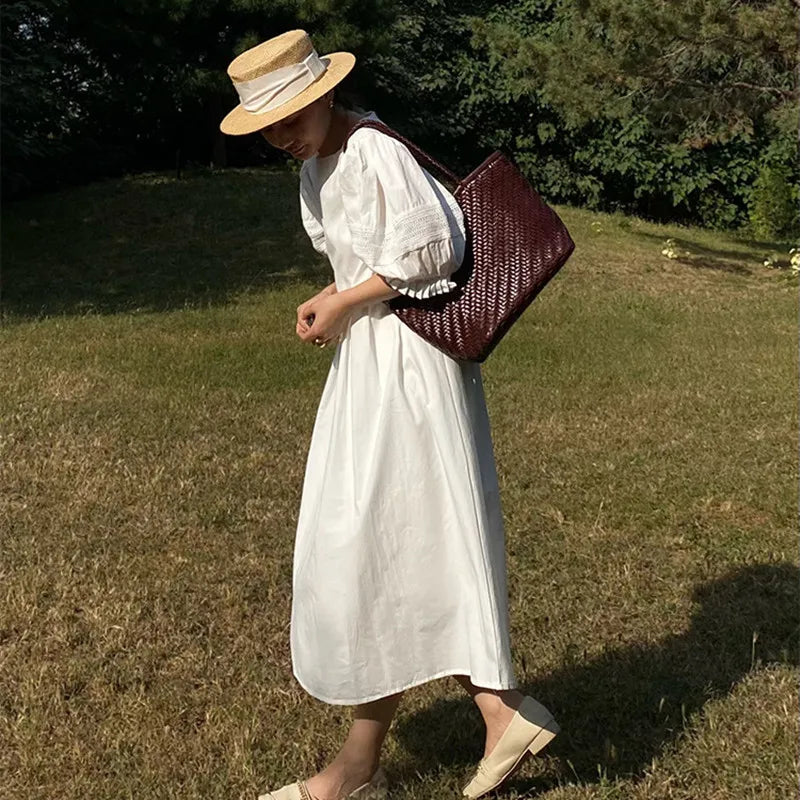 Hand-woven top layer cowhide women's French Braided cowhide hollowed-out vegetable  shopping basket bag