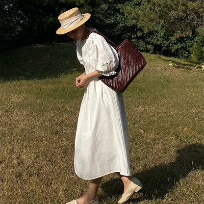 Hand-woven top layer cowhide women's French Braided cowhide hollowed-out vegetable  shopping basket bag