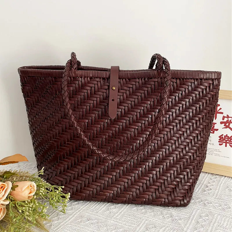 Hand-woven top layer cowhide women's French Braided cowhide hollowed-out vegetable  shopping basket bag