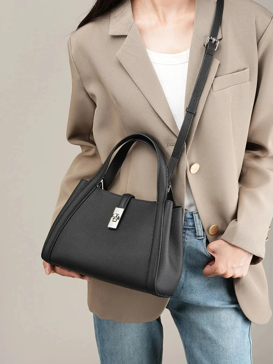 Handbag 2024 New Basket Baotou Layer Cowhide Large Capacity Tote Single Shoulder Hand Carrying Oblique Straddle Bag Woman