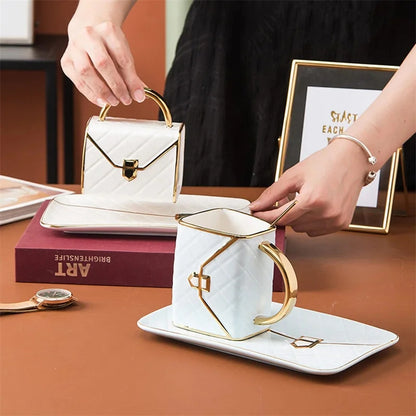 Handbag Shape Ceramic Cup Designer Coffee Mugs Business Gifts Cups Saucer Set Home Breakfast Milk Tea Juice Water Drinkware
