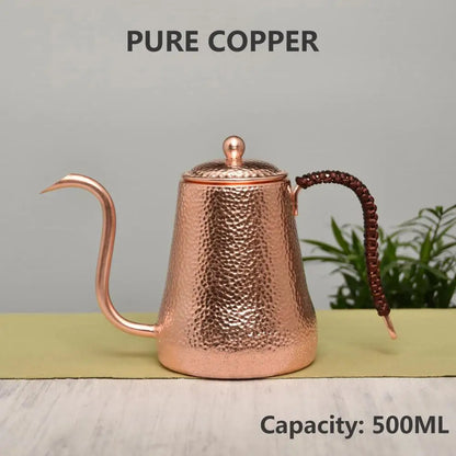 Handcraft Pure Copper Coffee Pot with Handle Teapot Kettle Hammer Pattern Drinkware