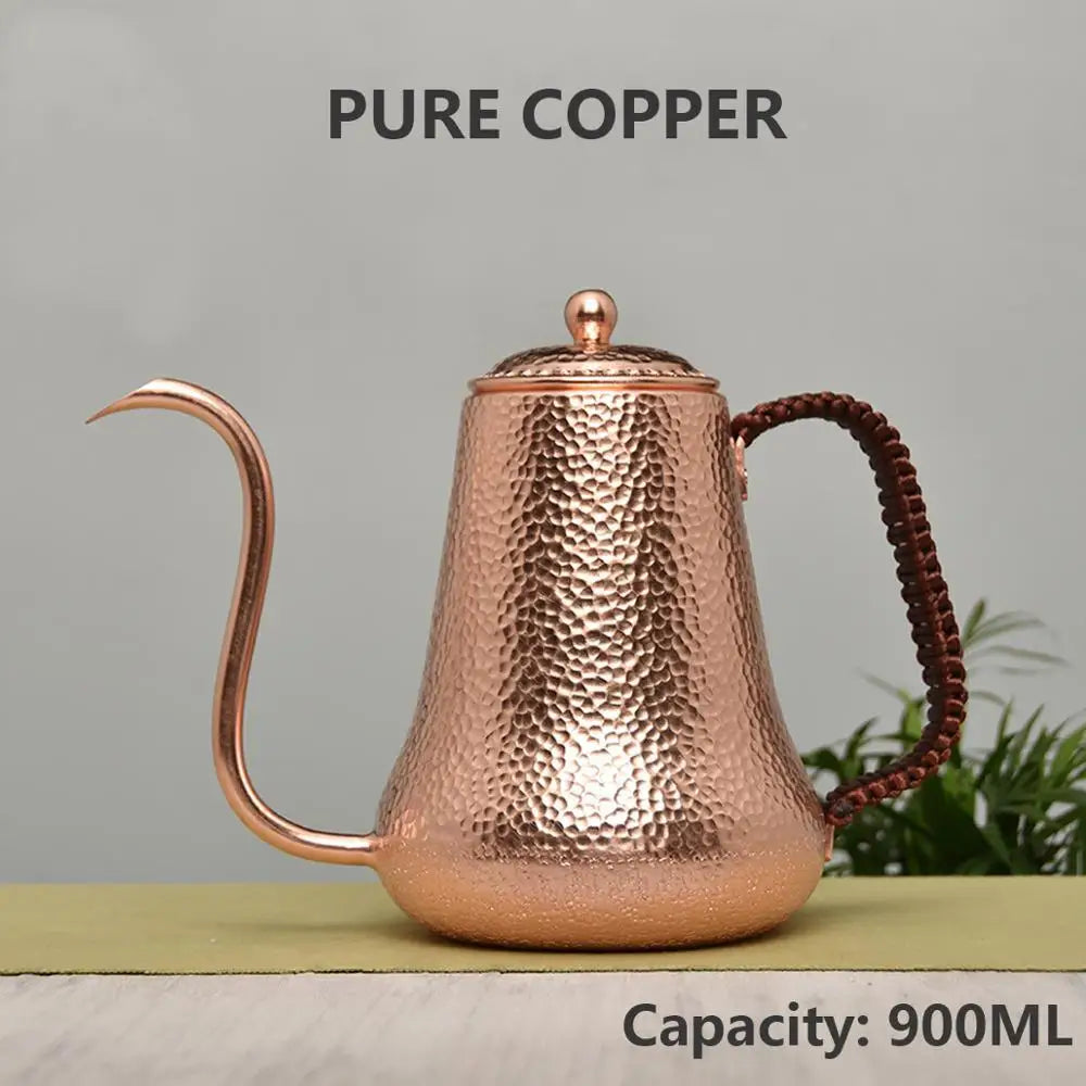 Handcraft Pure Copper Coffee Pot with Handle Teapot Kettle Hammer Pattern Drinkware