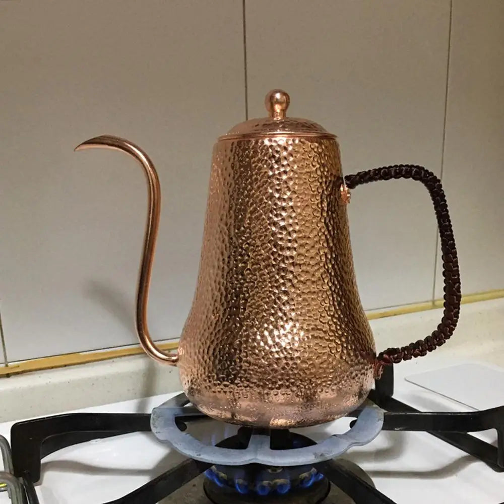 Handcraft Pure Copper Coffee Pot with Handle Teapot Kettle Hammer Pattern Drinkware