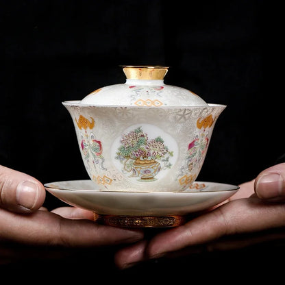 Handcrafted Goldpalace Enamel Colored Gaiwan Aesthetic Ceramic Bowl with Lid Tea Tureen Tea Maker Cover Bowl Teaset Collection