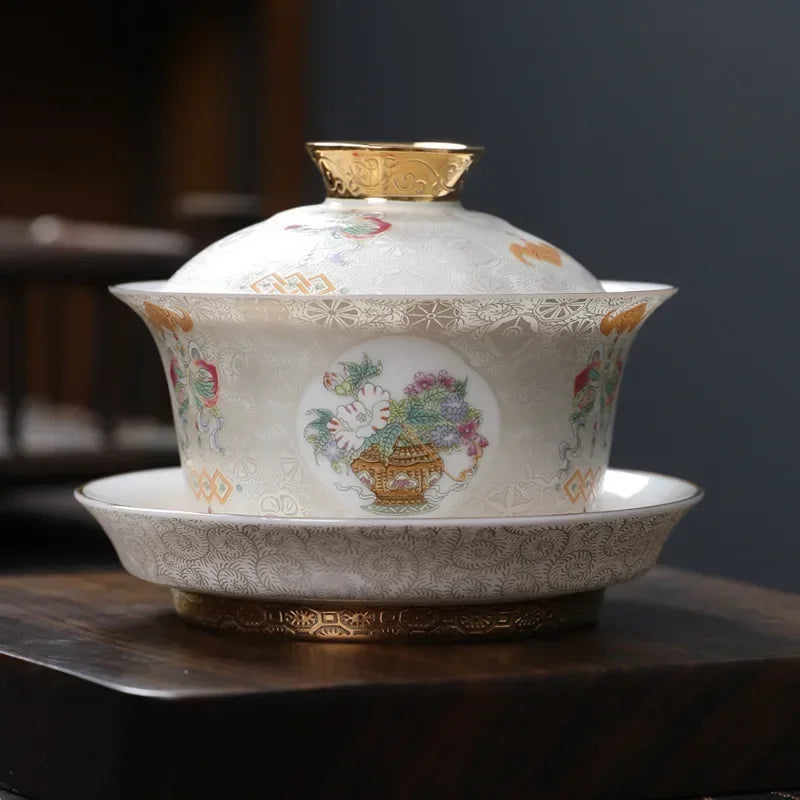 Handcrafted Goldpalace Enamel Colored Gaiwan Aesthetic Ceramic Bowl with Lid Tea Tureen Tea Maker Cover Bowl Teaset Collection