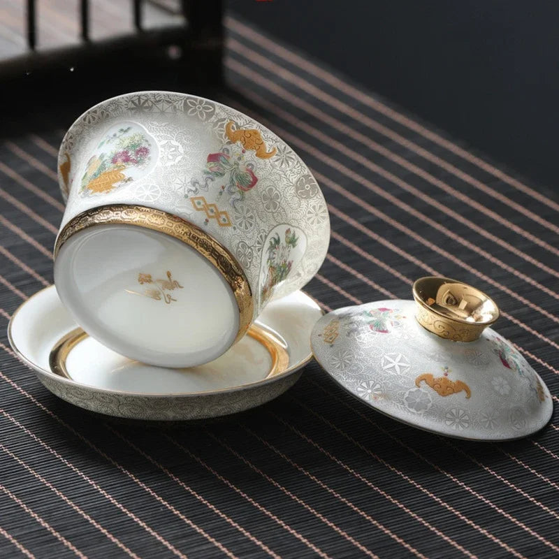 Handcrafted Goldpalace Enamel Colored Gaiwan Aesthetic Ceramic Bowl with Lid Tea Tureen Tea Maker Cover Bowl Teaset Collection