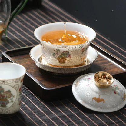 Handcrafted Goldpalace Enamel Colored Gaiwan Aesthetic Ceramic Bowl with Lid Tea Tureen Tea Maker Cover Bowl Teaset Collection