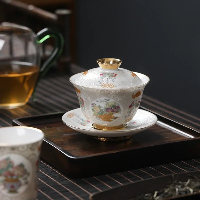 Handcrafted Goldpalace Enamel Colored Gaiwan Aesthetic Ceramic Bowl with Lid Tea Tureen Tea Maker Cover Bowl Teaset Collection