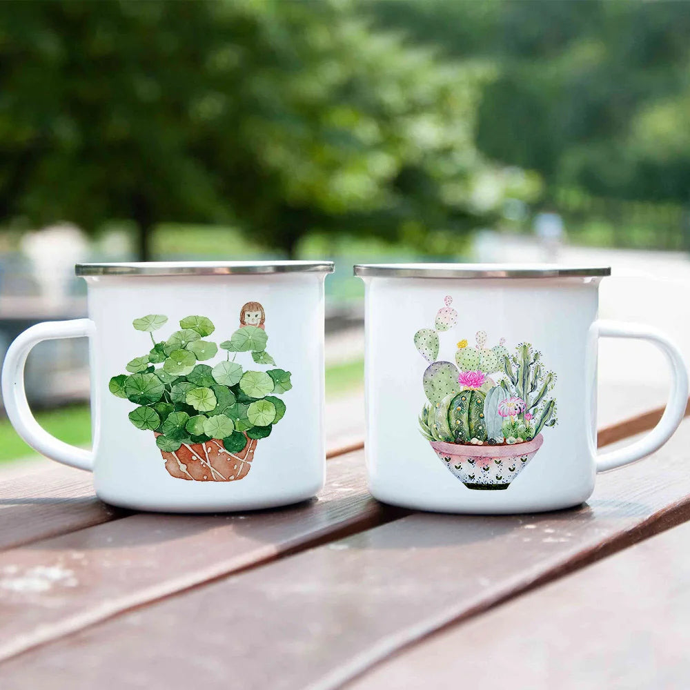 Handle Drinkware Vacation Hiking Mug Green Plant Print Enamel Creative Coffee Tea Water Milk Cup Summer Camping Mugs Camper Gift
