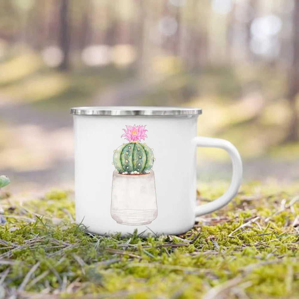 Handle Drinkware Vacation Hiking Mug Green Plant Print Enamel Creative Coffee Tea Water Milk Cup Summer Camping Mugs Camper Gift