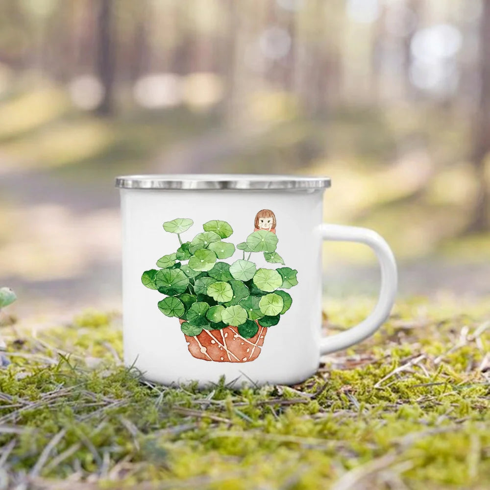 Handle Drinkware Vacation Hiking Mug Green Plant Print Enamel Creative Coffee Tea Water Milk Cup Summer Camping Mugs Camper Gift