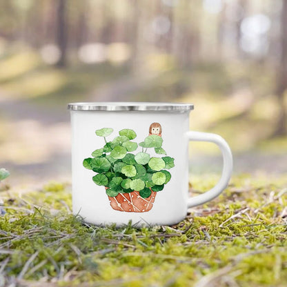 Handle Drinkware Vacation Hiking Mug Green Plant Print Enamel Creative Coffee Tea Water Milk Cup Summer Camping Mugs Camper Gift