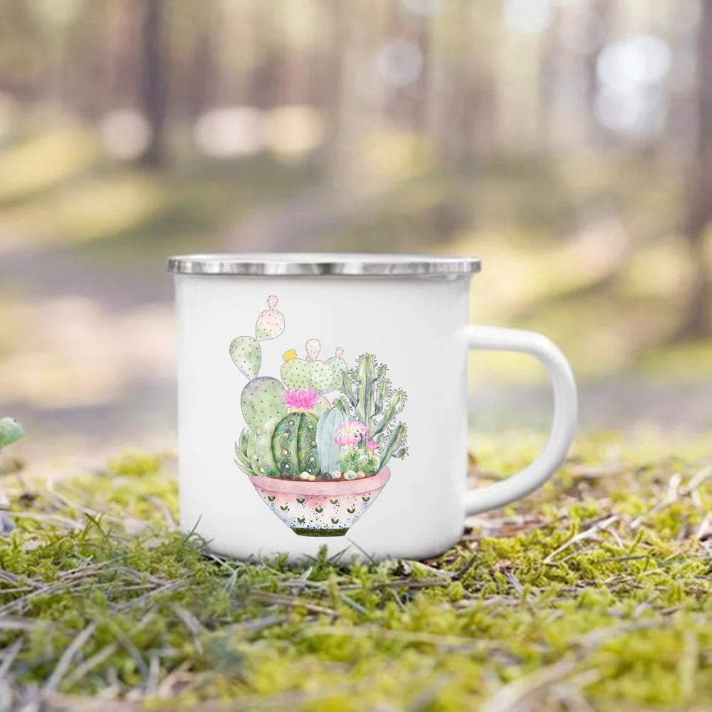 Handle Drinkware Vacation Hiking Mug Green Plant Print Enamel Creative Coffee Tea Water Milk Cup Summer Camping Mugs Camper Gift