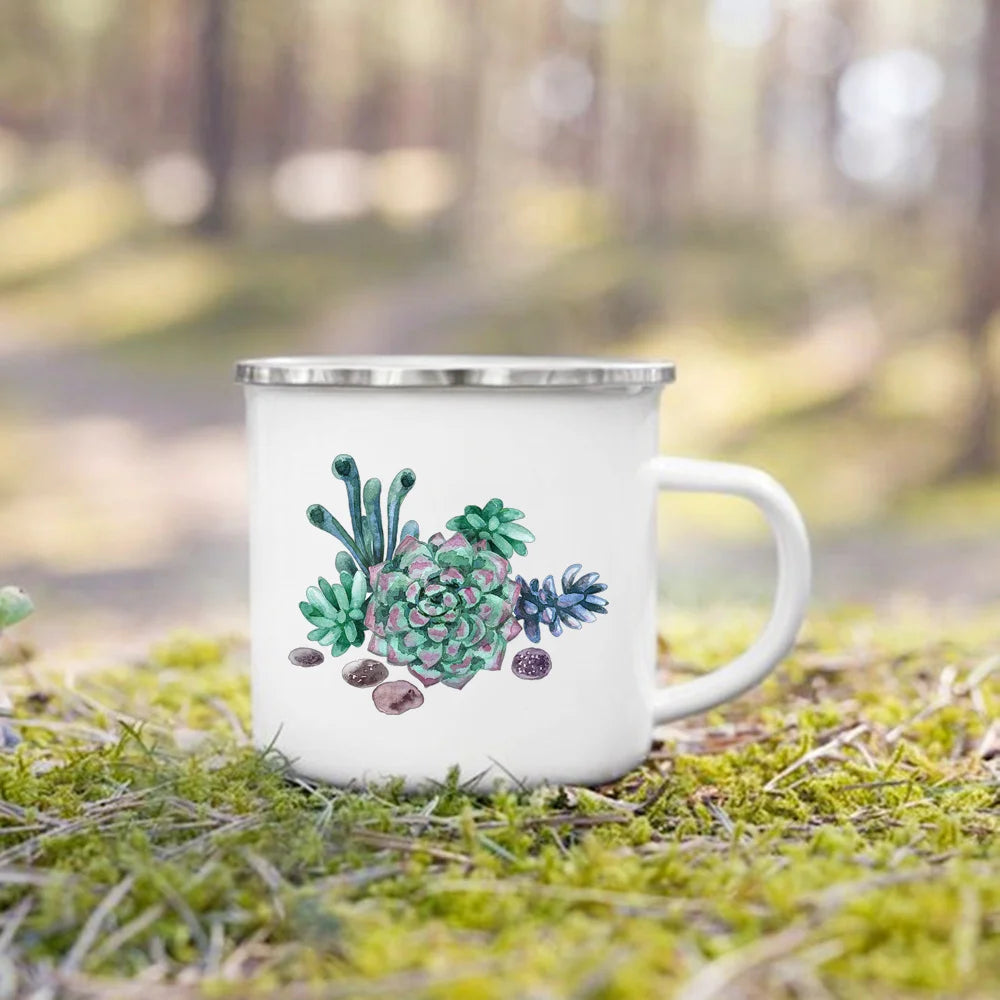 Handle Drinkware Vacation Hiking Mug Green Plant Print Enamel Creative Coffee Tea Water Milk Cup Summer Camping Mugs Camper Gift