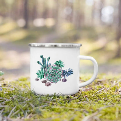 Handle Drinkware Vacation Hiking Mug Green Plant Print Enamel Creative Coffee Tea Water Milk Cup Summer Camping Mugs Camper Gift