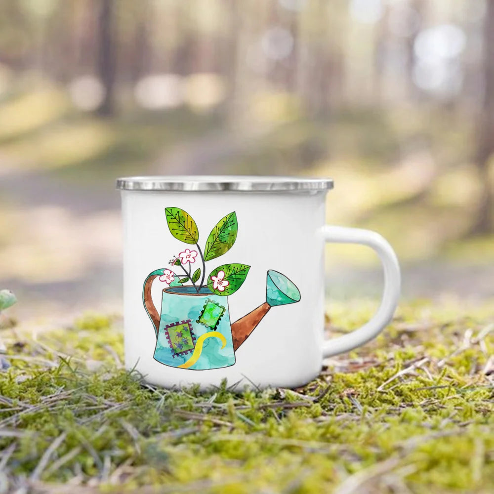 Handle Drinkware Vacation Hiking Mug Green Plant Print Enamel Creative Coffee Tea Water Milk Cup Summer Camping Mugs Camper Gift
