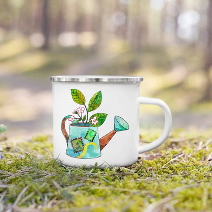 Handle Drinkware Vacation Hiking Mug Green Plant Print Enamel Creative Coffee Tea Water Milk Cup Summer Camping Mugs Camper Gift
