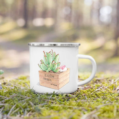 Handle Drinkware Vacation Hiking Mug Green Plant Print Enamel Creative Coffee Tea Water Milk Cup Summer Camping Mugs Camper Gift