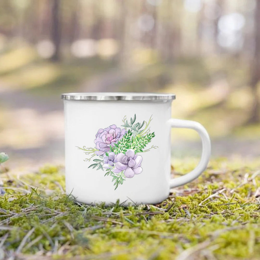 Handle Drinkware Vacation Hiking Mug Green Plant Print Enamel Creative Coffee Tea Water Milk Cup Summer Camping Mugs Camper Gift