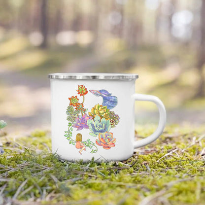 Handle Drinkware Vacation Hiking Mug Green Plant Print Enamel Creative Coffee Tea Water Milk Cup Summer Camping Mugs Camper Gift