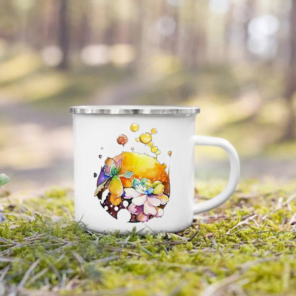 Handle Drinkware Vacation Hiking Mug Green Plant Print Enamel Creative Coffee Tea Water Milk Cup Summer Camping Mugs Camper Gift