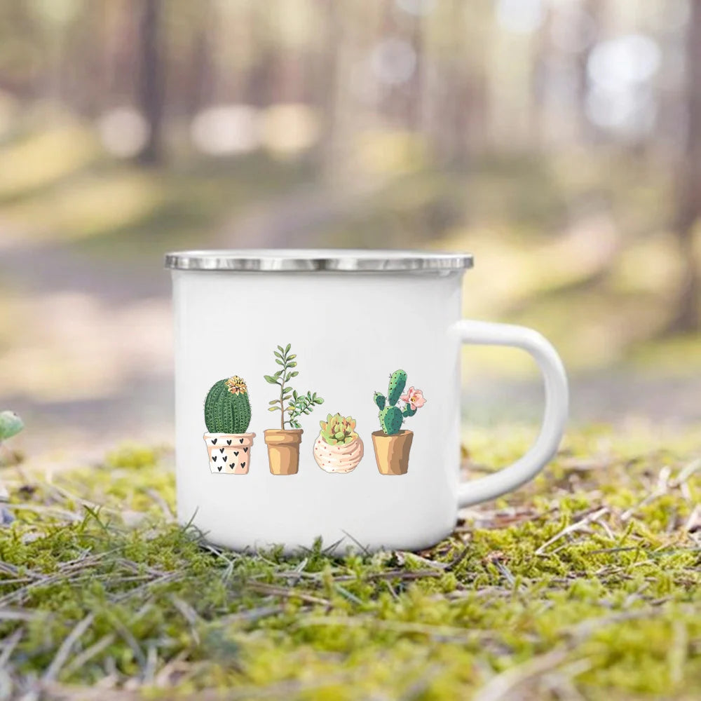 Handle Drinkware Vacation Hiking Mug Green Plant Print Enamel Creative Coffee Tea Water Milk Cup Summer Camping Mugs Camper Gift