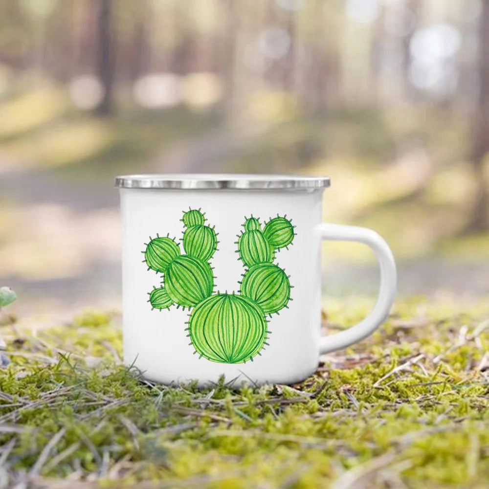 Handle Drinkware Vacation Hiking Mug Green Plant Print Enamel Creative Coffee Tea Water Milk Cup Summer Camping Mugs Camper Gift