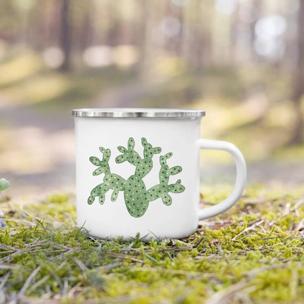 Handle Drinkware Vacation Hiking Mug Green Plant Print Enamel Creative Coffee Tea Water Milk Cup Summer Camping Mugs Camper Gift