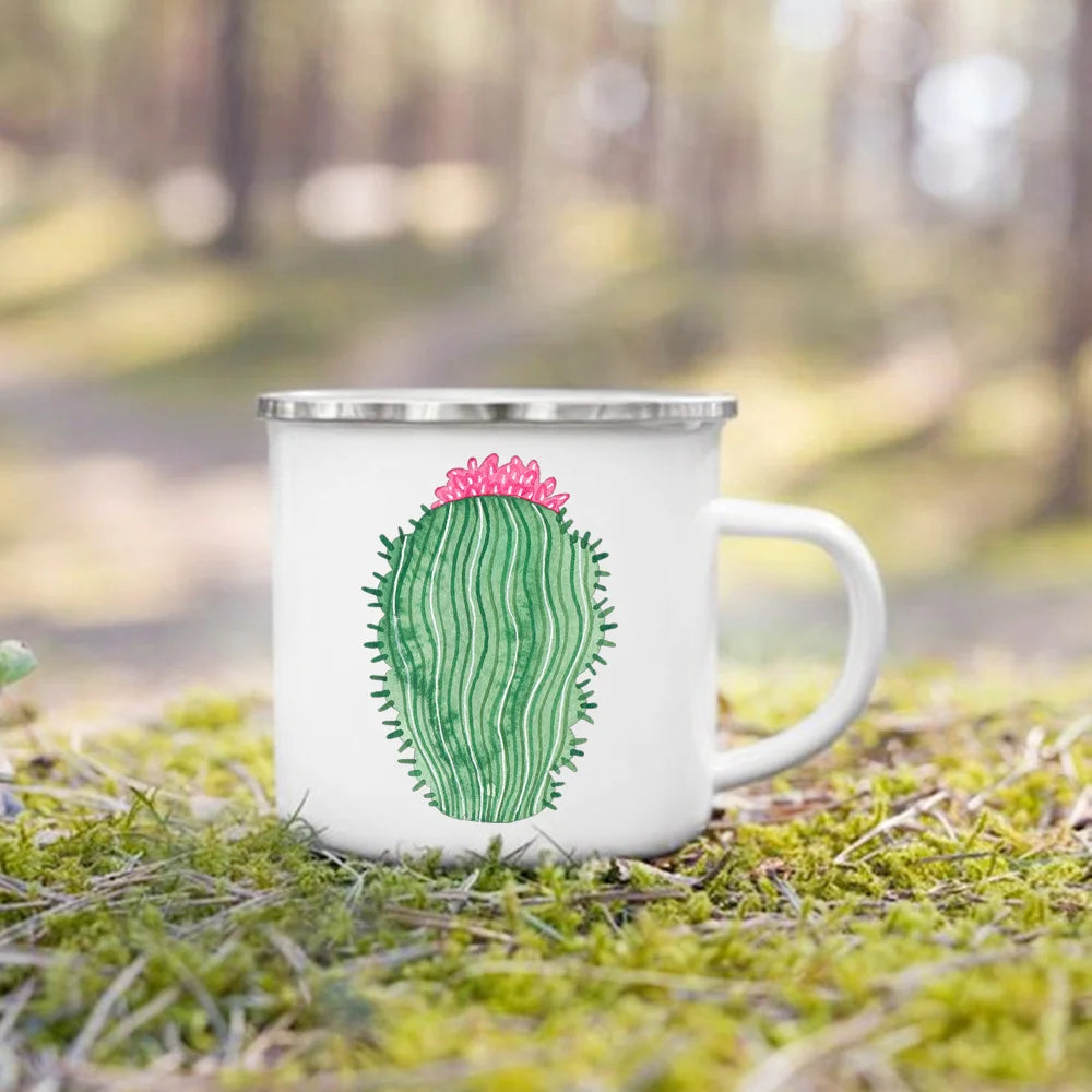 Handle Drinkware Vacation Hiking Mug Green Plant Print Enamel Creative Coffee Tea Water Milk Cup Summer Camping Mugs Camper Gift