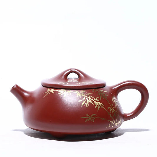 Handmade Bamboo Shadow Stone Scoop Teapot, Zisha Teapot, Handmade Pot, Kung-Fu Teaware, Purple Clay, Drinkware for Puer