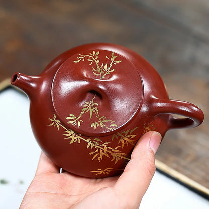 Handmade Bamboo Shadow Stone Scoop Teapot, Zisha Teapot, Handmade Pot, Kung-Fu Teaware, Purple Clay, Drinkware for Puer