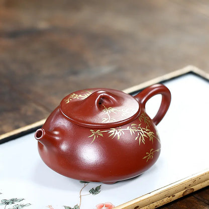Handmade Bamboo Shadow Stone Scoop Teapot, Zisha Teapot, Handmade Pot, Kung-Fu Teaware, Purple Clay, Drinkware for Puer