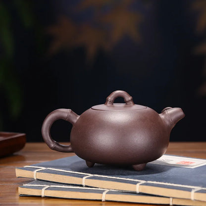 Handmade Bamboo Teapot Suit for Drink, Yixing Raw Ore, Purple Clay, Three-Legged Drinkware, Chinese Culture