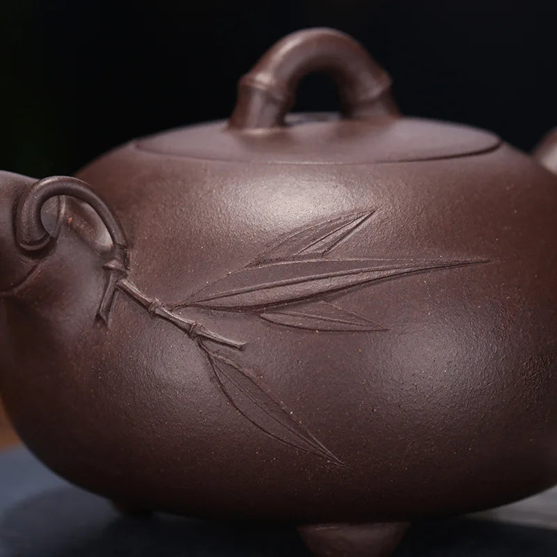 Handmade Bamboo Teapot Suit for Drink, Yixing Raw Ore, Purple Clay, Three-Legged Drinkware, Chinese Culture